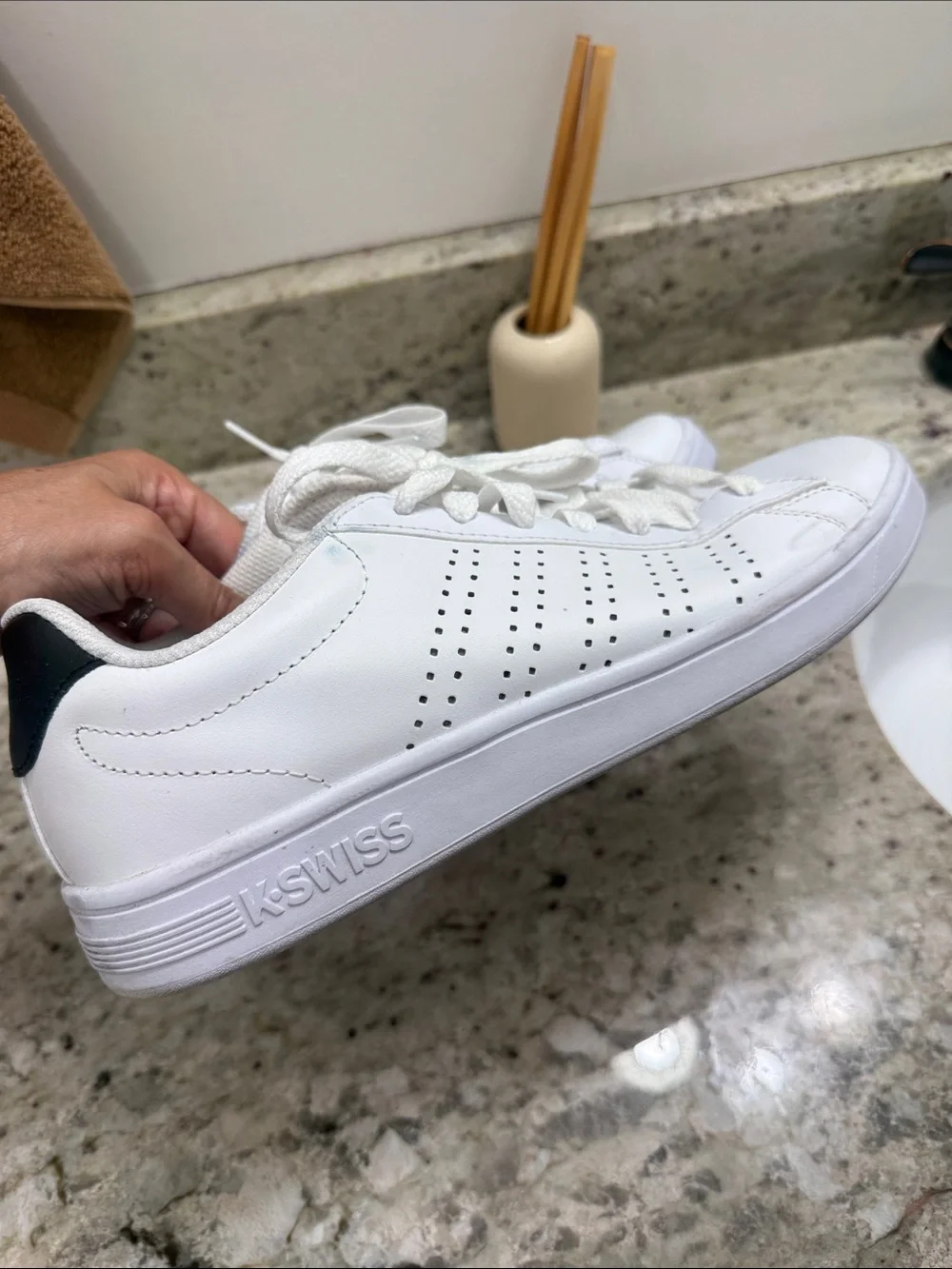 K-Swiss White Leather like Low-Top Sneakers with Black Heel Tab